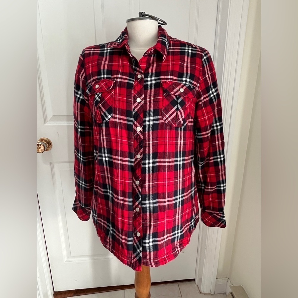 364 BC CLOTHING Red Plaid Flannel Fleece Lined Shacket sz L